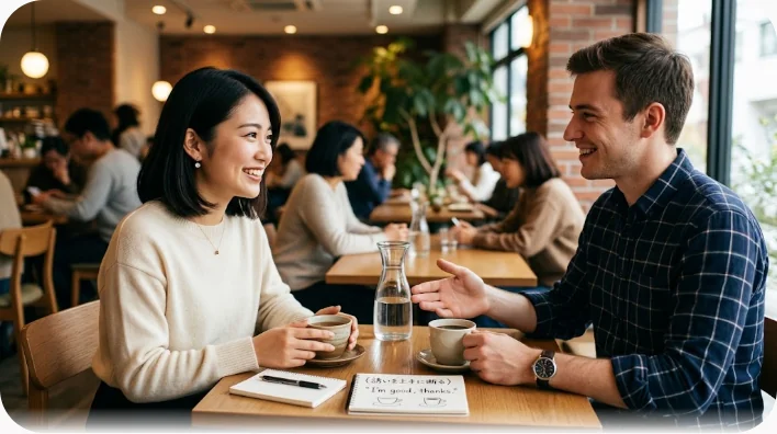 夜のパブでテーブルに座った東アジア系の学習者が、手のひらを見せて丁寧に飲み物を辞退しながら笑っている様子