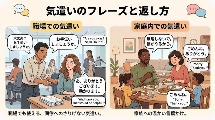 オフィスの窓際で、疲れた様子の同僚に別の同僚が心配そうに話しかけている場面
