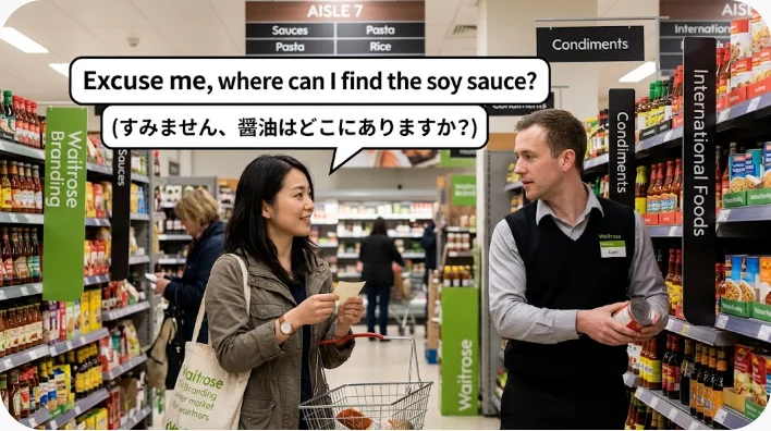 海外のスーパーで東アジア系の学習者が店員に売り場を尋ね、店員が通路の先を指さしている様子