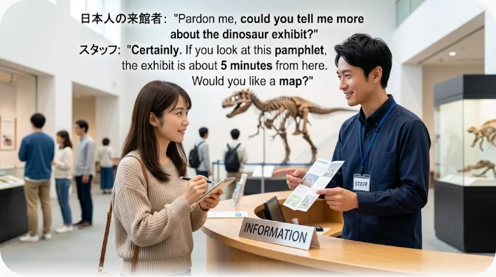 博物館のスタッフが日本人の家族に岩に埋まったままの化石展示を説明している場面