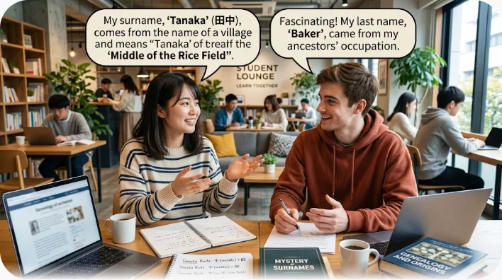 明るいカフェで東アジア系の学習者と欧米系の友人が家系図を描いたノートを挟んで会話している様子