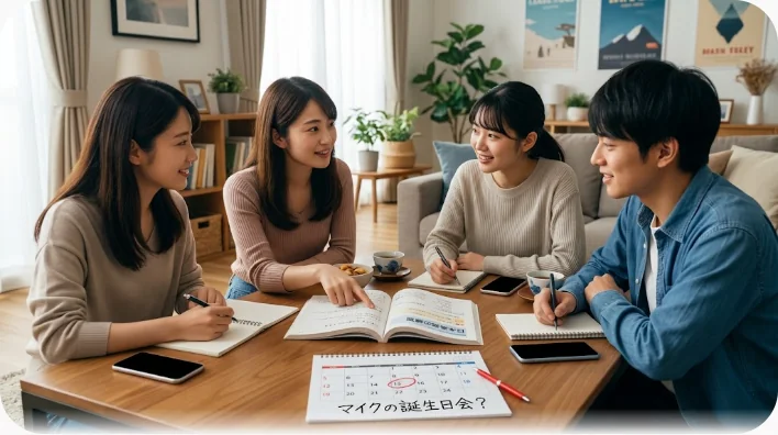 明るいカフェのテーブルで向かい合う二人。東アジア系の学習者がカレンダーアプリを開いたスマートフォンを持ち、相手が予定を提案する仕草をしている。