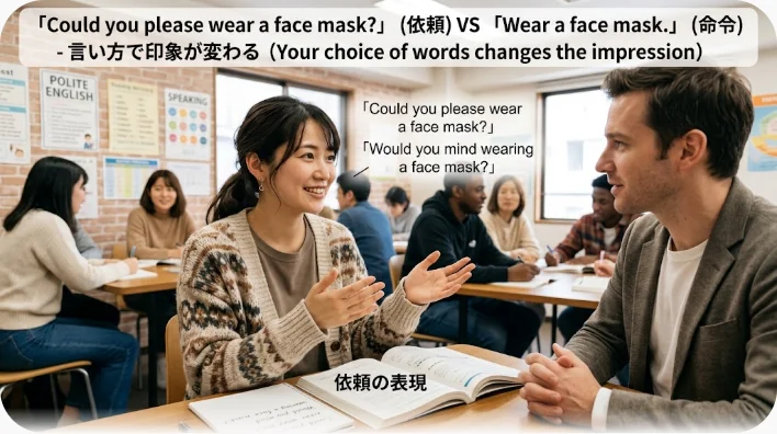 カフェの店員が笑顔で手のひらを向け、カウンター横の消毒スタンドを客に案内している場面