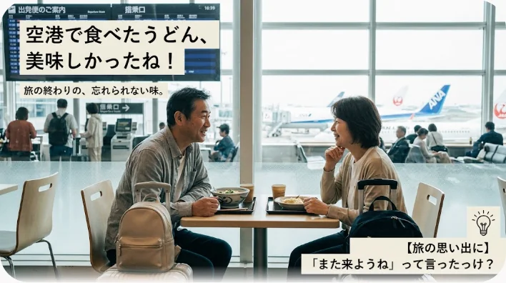 北国の空港のフードコートで、二人の友人が温かい麺のスープを囲んで語り合っている