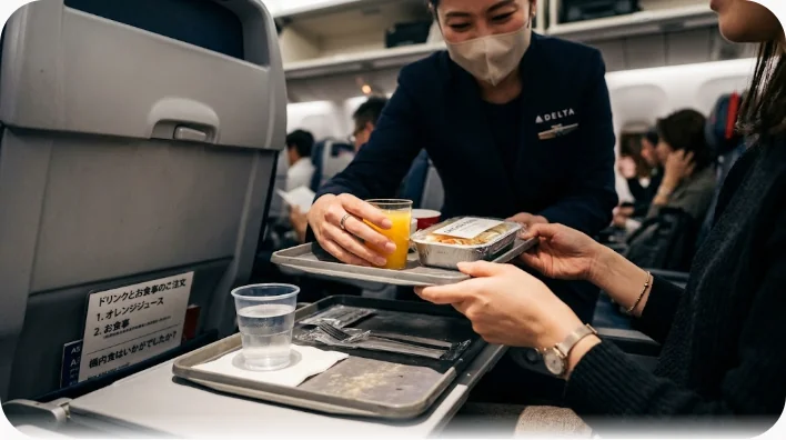 サービスカートの上で客室乗務員が透明カップにオレンジジュースを注ぎ、乗客が手を差し出している様子