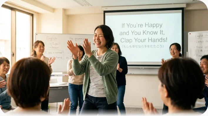 床に座った東アジア系の大人の学習者が子どもたちと一緒に手を叩き、英語の童謡を歌っている場面