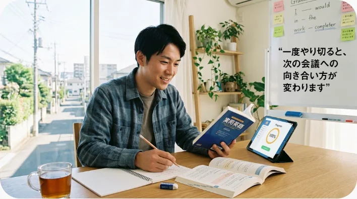 オフィスの窓辺でタブレットを手に、落ち着いた表情で立つ東アジア系のビジネスパーソン