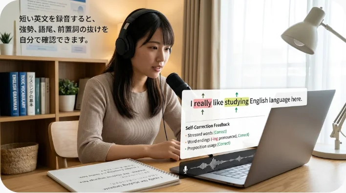 自宅でヘッドホンとスマートフォンを使ってtalentの英文を録音する日本人英語学習者