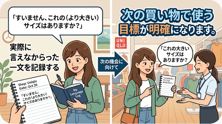 買い物後にカフェでノートとレシートを見ながら英語フレーズを復習する東アジア系の成人学習者