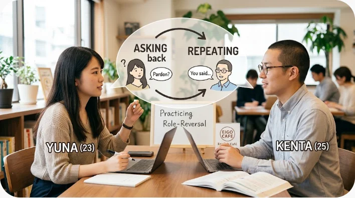 教室で会話相手と英語の聞き返し対話を練習する成人学習者