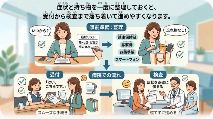 眼鏡、点眼薬、服薬一覧、身分証明書、症状メモを机に並べた受診準備