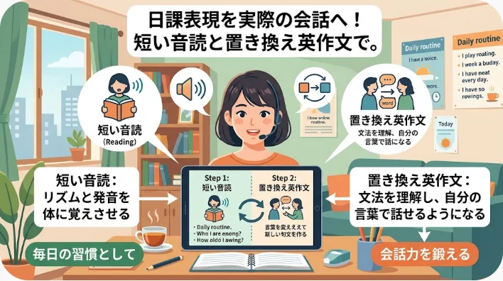 日本人の英語学習者が机で単語カードとノートを使い一日の学習計画を作っている場面