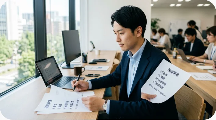 日本の知的財産チームが海外特許メールの送信前チェックを行う場面