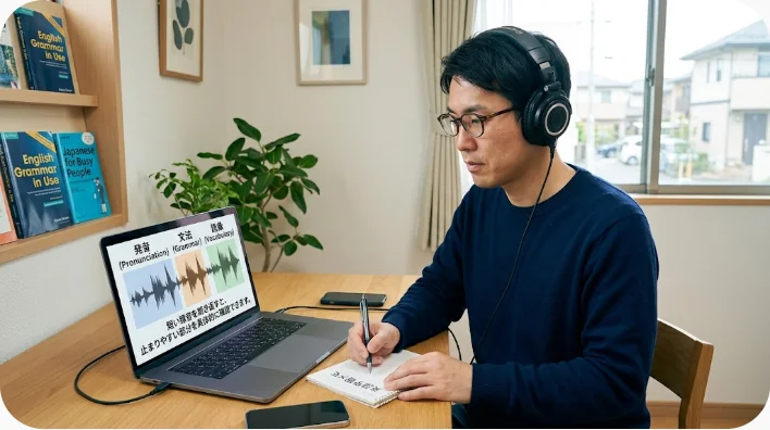 英語学習者がフレーズカードと録音機能を使ってお菓子の説明を練習している画像