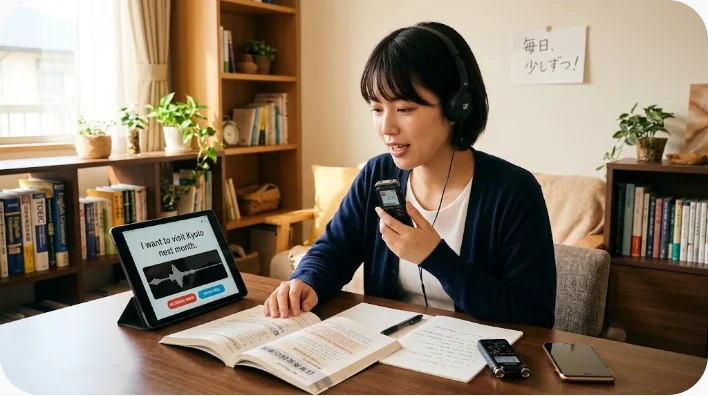 日本人の英語学習者が自宅で一人暮らしに関する英文をスマートフォンへ録音して復習する場面