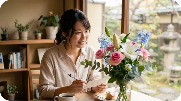 自宅でカーネーションの茎を整えながら母の日のカードを準備する東アジア系の成人