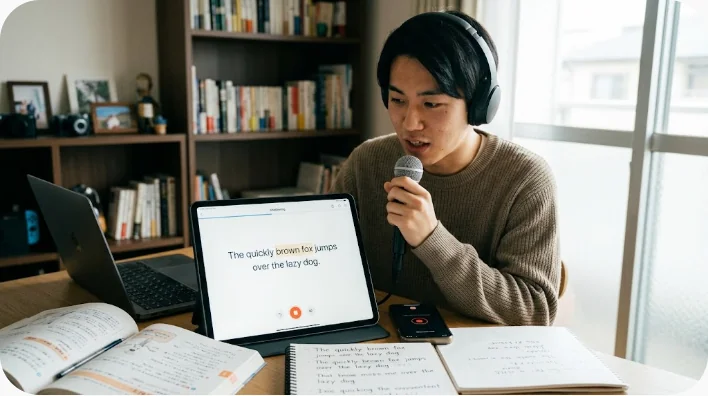 ヘッドホンと録音機能を使い英語の発音を練習する日本人学習者