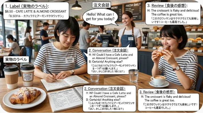Australian Wagyuの包装とステーキを見ながら英語表現を復習する学習者