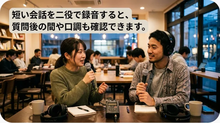 自宅で体調を尋ねる英会話を録音しながら復習する日本人学習者