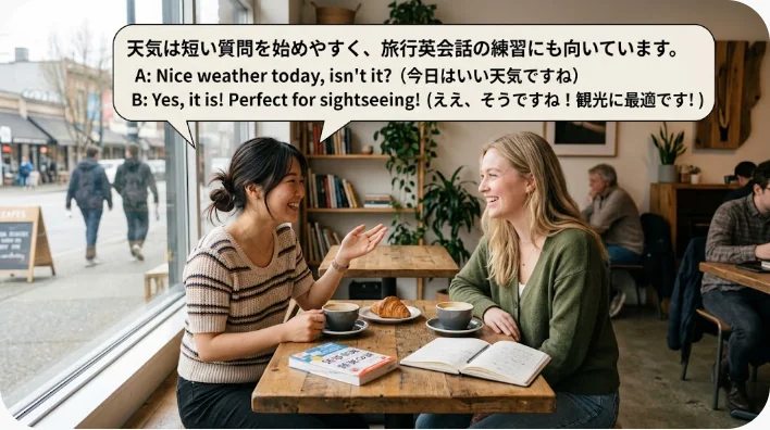 雨の日のロンドンの駅入口で日本人英語学習者と英国の鉄道スタッフが会話する様子