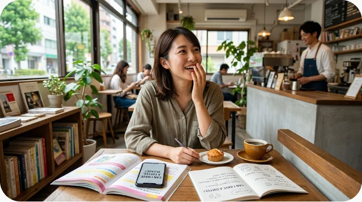 英語学習者がエアコンの修理依頼フレーズを音読している画像