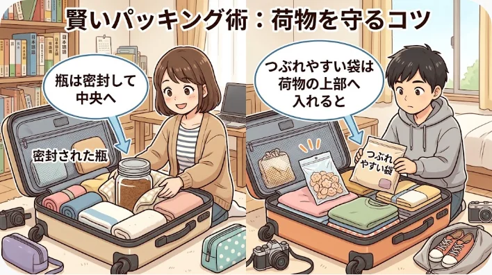 小瓶をタオルで包み、箱入り菓子とスナック袋をスーツケースへ安全に詰めている場面