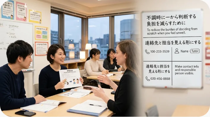 家族が電話、予定表、食事、育児用品を並べて産後の支援計画を作っている様子
