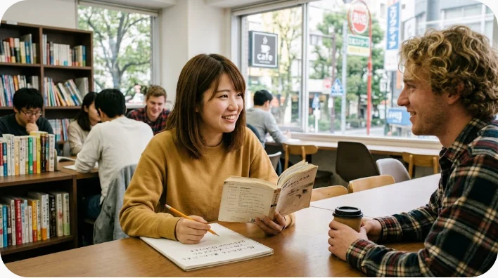 パーティから帰宅した英語学習者がスマートフォンで主催者へお礼を送っている様子