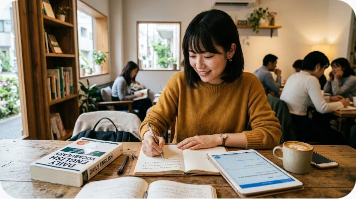 蒸気鉄道の訪問後にノートで鉄道英語を復習する日本人学習者