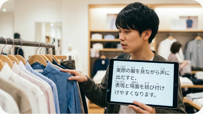 鏡の前で着替えに関する短い英語フレーズを音読する学習者