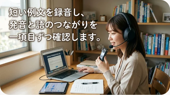 日本人英語学習者がノートと音声を使って感謝祭の英会話を復習する画像