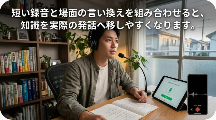 日本人の成人英語学習者がスマートフォンで音声を録音しながらフレーズを練習している様子