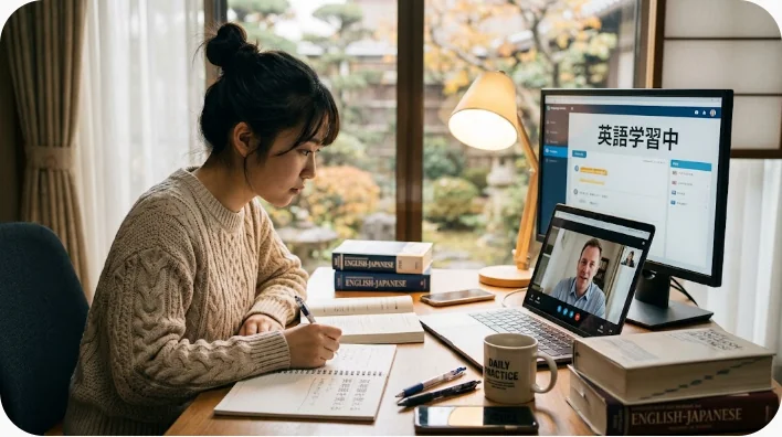 自宅で英語の誘い文句を音読しながら食事のメッセージを作る日本人学習者