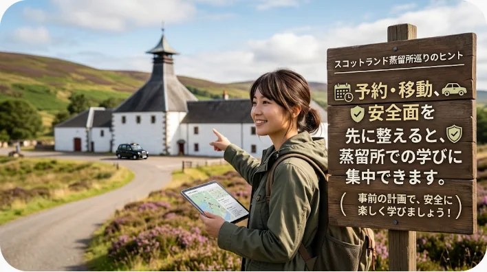 スペイサイドの蒸留所前で予約内容と旅行ノートを確認する日本人の成人旅行者