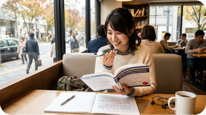 録音機能と復習カードを使って憧れに関する英文を練習する日本人学習者