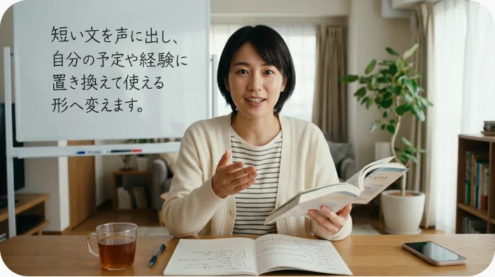 自宅でノートを開きフラに関する英語フレーズを音読する日本人学習者
