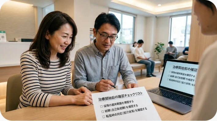 日本人家族がアメリカの矯正歯科医とチェックリストや複数の治療計画を確認している様子
