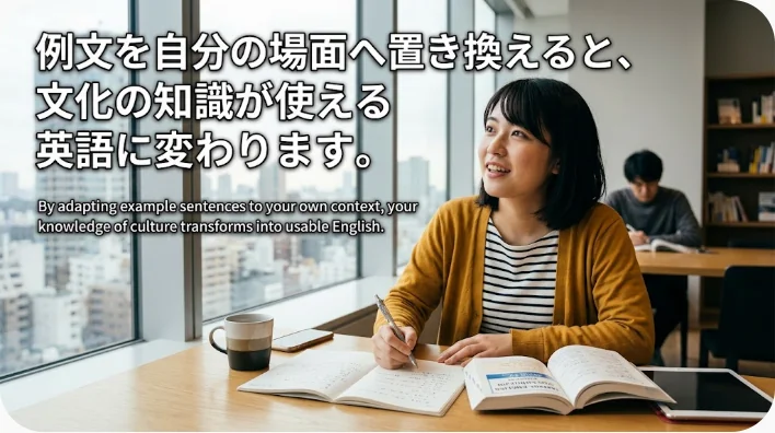 箱入りフルーツケーキのそばで婚礼に関する英語表現をカードに書いて練習する学習者