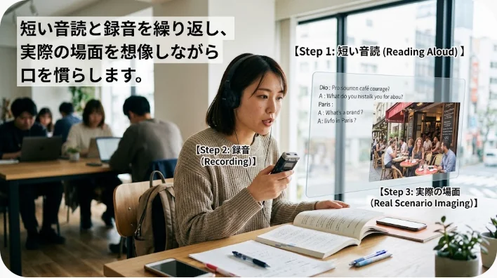 湖畔でスマートフォンにニュージーランドのあいさつを録音する学習者