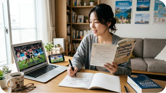 自宅で試合映像を見直しながらラグビー英語をノートに書く学習者