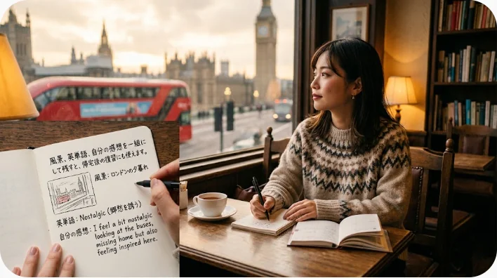 熱帯雨林と滝を眺めながら旅行英語をノートで復習する日本人旅行者