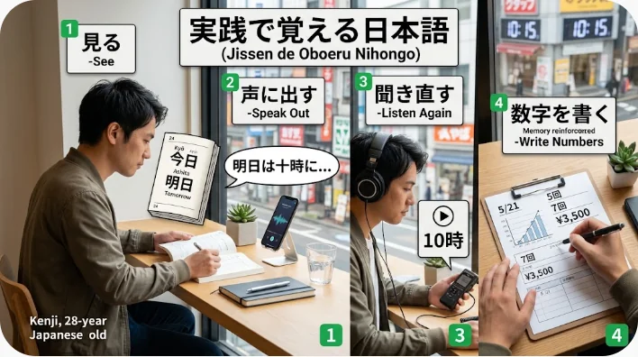 日本人英語学習者が数字カードと録音機能を使って大きな数字を発音練習している場面