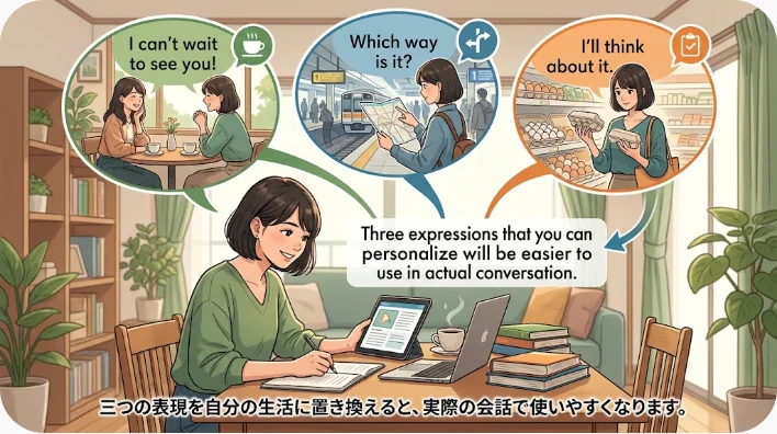 日本人の成人学習者が机で英語の年末行事フレーズを音読している場面