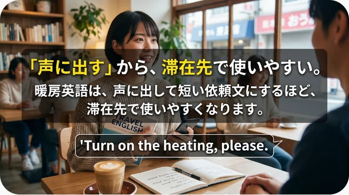 ラジエーターの近くで英語フレーズを練習する日本人学習者の学習机