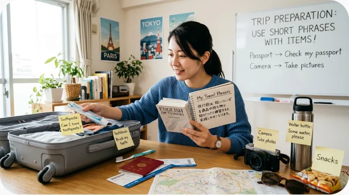 旅行前にコンビニ英語の短いフレーズを声に出して練習している学習者の様子