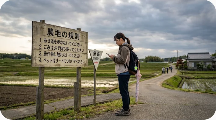 湖水地方の公共歩道の門で地図を確認し、防水着と歩行靴を準備する旅行者