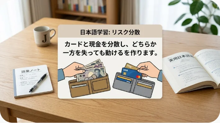2枚の決済カードを別々の財布へ分け、ポンド硬貨と少額紙幣を準備する日本人旅行者