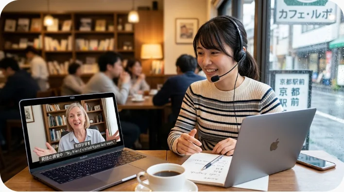 英語学習者がヘッドホンとノートを使ってオーストラリア英語を練習する様子