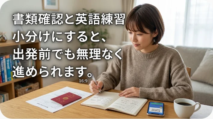 出発前に保険書類、受診先、緊急連絡先、準備項目を整理する日本人留学生