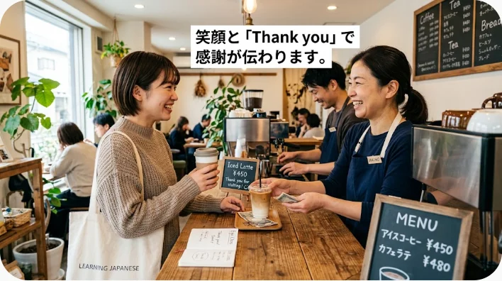 ホテル入口で日本人旅行者が荷物を運んだベルスタッフへ感謝と少額紙幣を伝えている様子